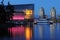 False creek night scene with glass building