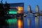 False creek night scene with glass building