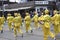 Falun Dafa marching group dressed in traditional Chinese costume play waist drum during the Beaches Easter Parade 2017 on Queen St