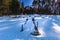 Falun - March 31, 2018: Small frozen pier at Framby Udde near the town of Falun in Dalarna, Sweden