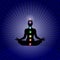 Famale body in yoga asana with seven chakras in shining neon colors in rays dark blue stars space background. Vector illustration