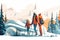Families enjoying winter countryside. Hiking, tourist, mountain landscape flat vector illustration.