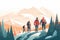 Families enjoying winter countryside. Hiking, tourist, mountain landscape flat vector illustration.