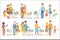 Families Grocery Shopping Together Simplified Cartoon Style Flat Vector Colorful Illustrations On White Background.