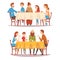 Families Sitting at Kitchen Table Set, Happy Parents, Grandparents and Children Eating Food, Drinking Tea and Talking to