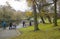 Families strolling through Ward Park in Bangor county Down in Northern Ireland on a dull, but mild autumn morning