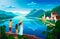 Family admires nature, beautiful mountain landscape with lake. Vector illustration