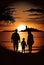 Family admiring the spectacular sunset over the sea. AI generated