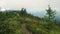 Family adult and children backpackers on hike at the mountains