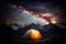 Family Adventure Camping Evening Scene. Tent, Campfire, Pine forest and rocky mountains background, starry night sky