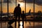 Family at airport traveling airline silhouette