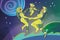 Family of astronauts mom, dad and child dance in a circle in space. Space landscape, vector illustration