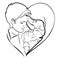 Family with baby. Father and mother hug their child. Black and white logo of a young family. Linear Art. Tattoo.