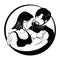 Family with baby. Father and mother hug their child. Black and white logo of a young family. Linear Art. Tattoo.