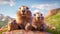 A family with baby fluffy marmots crawled out of their hole in the mountains, on a sunny, spring day, among pink