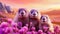 A family with baby fluffy marmots crawled out of their hole in the mountains, on a sunny, spring day, among pink