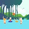 Family bathes in a river. Cartoon vector illustration