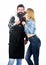 Family bbq ideas. Couple in love getting ready for barbecue. Picnic and barbecue. Man bearded hipster and girl ready for