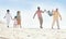 Family on beach, freedom and travel, generations and happy people outdoor, grandparents with parents and kids. Adventure