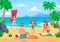 Family beach vacation. Young family with happy kids sunbathing on sand beach, summer seashore cartoon vector