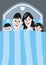 Family at bed, funny vector icon