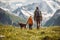 Family with beloved dog embarks on a journey through the Alpine landscapes. Generative AI