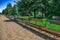 Family bench on Sicheslavska Embankment in Dnipro. 50-meter bench in the park on the banks of the