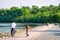 Family bicycles relaxing at the Moskva River in Kolomenskoye park in Moscow in Russia