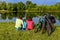 Family bike ride outdoors, active parents and kid cycling