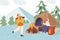 Family Bliss At Winter Camp with Cozy Tent, And Laughter Around The Fire. Children Characters Collect Brushwood