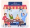 Family board games shop, entertaining gaming, people sitting near store playing table game