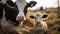 Family Bond: Cute Black and White Cow and Calf Resting on a Bed of Hay