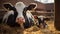 Family Bond: Cute Black and White Cow and Calf Resting on a Bed of Hay