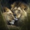 Family Bonding - A Pair of African Lions Cuddling in the Grass