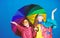 Family bonds. Small girls in raincoat. happy small girls with colorful umbrella. rain protection. Rainbow. autumn