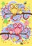 A family of bright, cartoon, cute, colorful owls on a flowering tree branch, parents