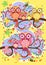 A family of bright, cartoon, cute, colorful owls on a flowering tree branch, parents