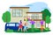 Family buy house, vector illustration. Man woman character near home, realtor give key from new property, apartment