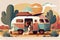 family camping road trip concept, flat tiny persons vector illustration. Vacation weekend holiday journey in the sunset with mom,