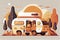 family camping road trip concept, flat tiny persons vector illustration. Vacation weekend holiday journey in the sunset with mom,
