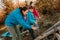 Family on a camping trip. Family doing camping in the forest