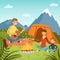 Family camping in the wood near big mountains. Nature vector background illustrations