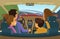 Family in car. Mother father and kids travelling in automobile people seating in car interior exact vector cartoon