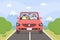 Family in car. Parents, kid and pet on weekend holiday road trip. Minivan with people. Cartoon adventure travel in