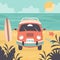 Family car trip. Summer beach background with bus camper, surfboards, tropical exotic leaves, starfish, seashells, ocean. Travel