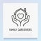 Family caregivers thin line icon: house with heart in hands. Modern vector illustration of adoption family, retirement, charity