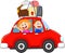 Family cartoon traveling with car