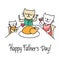 Family of cats celebrate the Happy Father`s Day with big chicken. Cartoon animal flat vector illustration