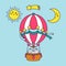 A family of cats flies around the world in a balloon. Sun, moon, shooting star, blue sky. Cartoon animal character vector