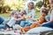 Family, cheers with juice and a picnic in park on happy summer weekend with smile. Grandma, grandpa and mother with girl